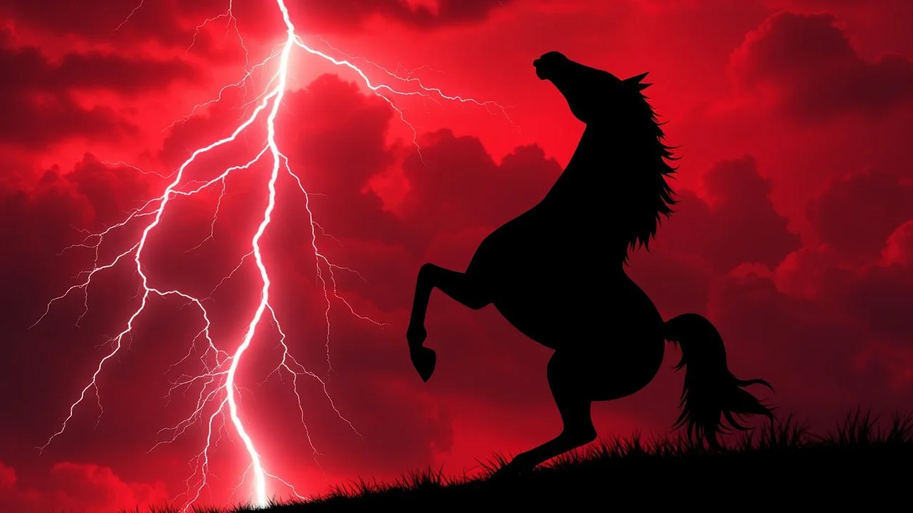 full silhouette of a horse rearing up(on right facing left, outlined by lightning), red cloudy sky, lightning bolts(from top to bottom left), digital painting