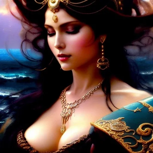 Drawing of beautiful face busty female pirate,Black pearl,sea,ancient leather armor, balanciaga fashion clothe painting by gaston bussiere, greg rutkowski, yoji shinkawa, yoshitaka amano, tsutomu nihei, donato giancola, tim hildebrandt, oil on canvas, cinematic composition, extreme detail,fit full head inside picture,16k