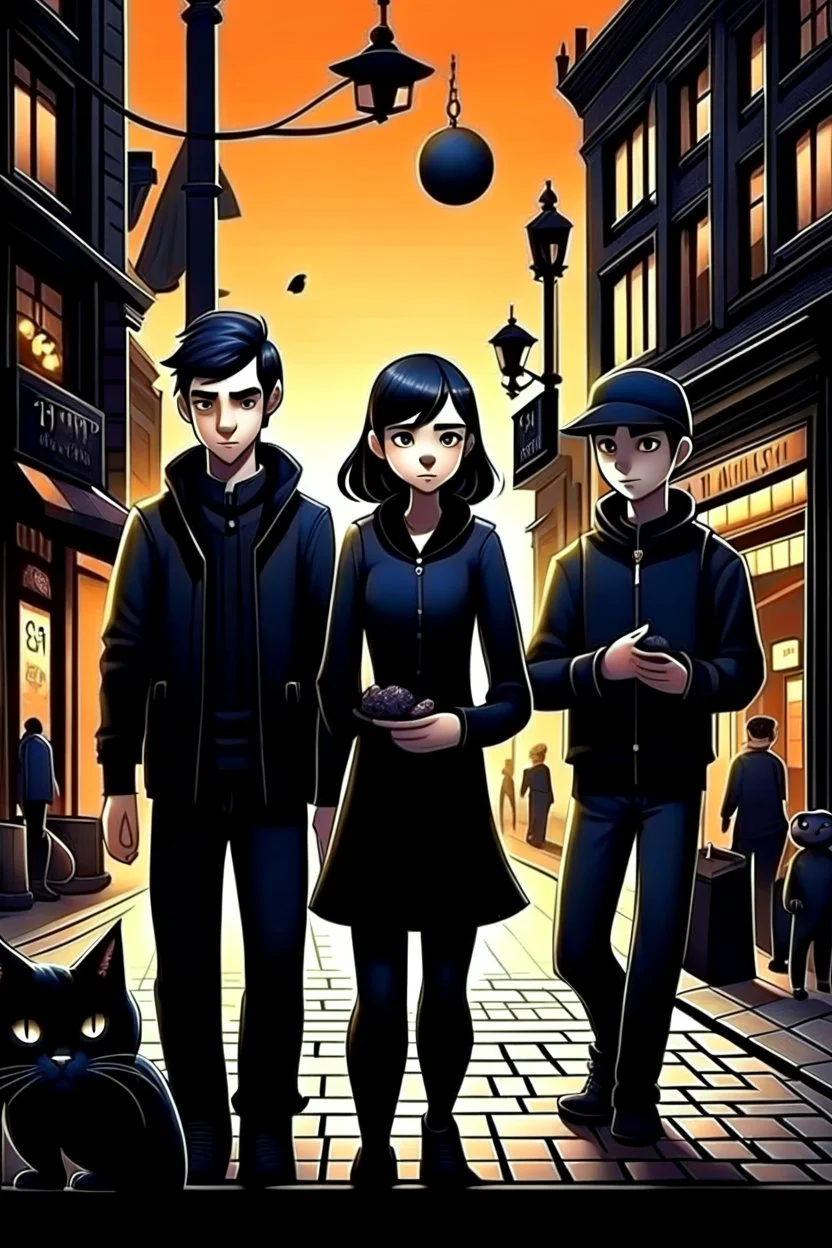 Design a book cover for fantasy criminal story. One teenage girl and two boys are on the town street. Black Cat as a company. The book is for teenagers. Modern style. Bakery in the background