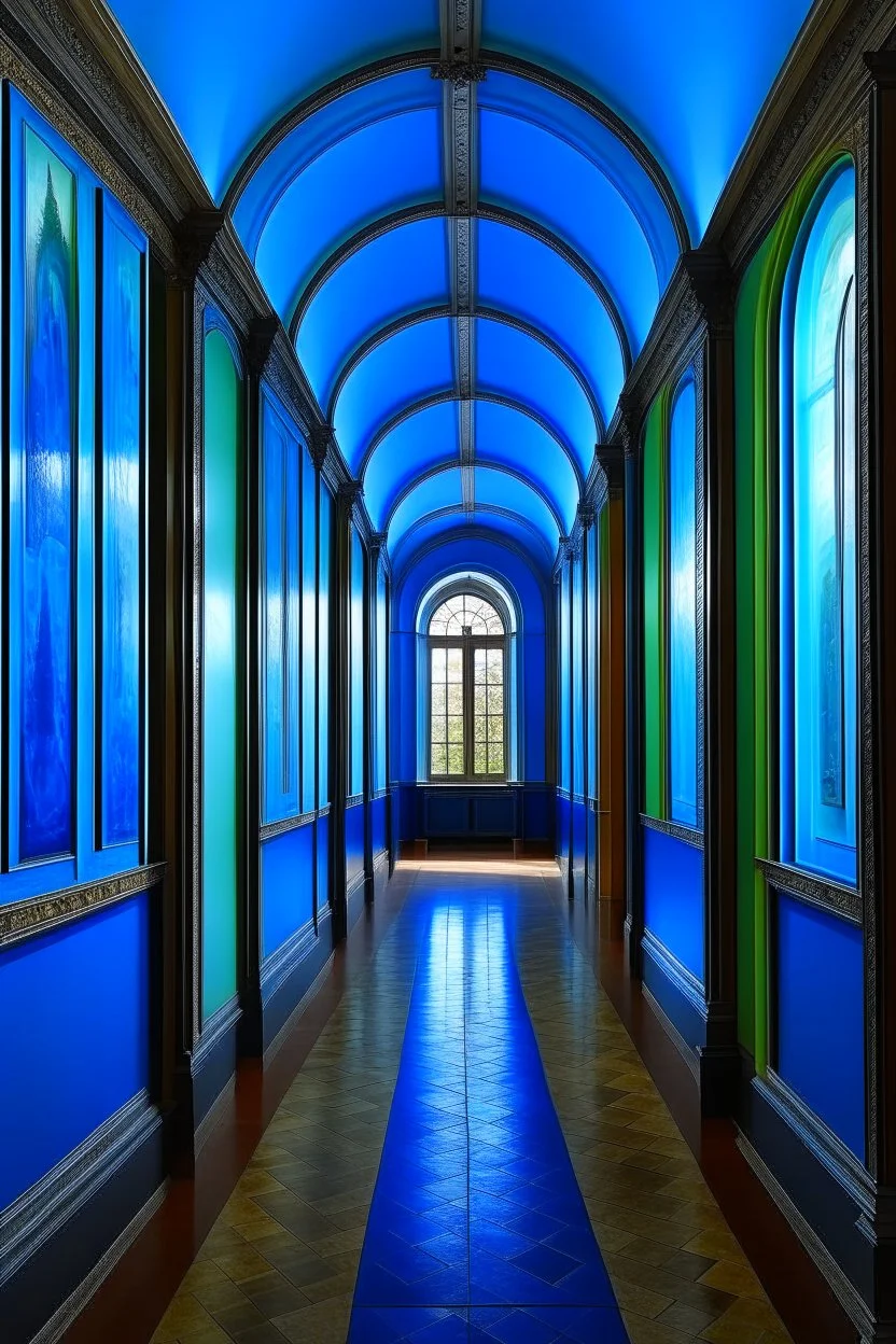 An exhibition of paintings whose walls are in the shape of an oval and made of blue glass and its floor is light with a wall in the middle of the hall to divide it into two parts with a corridor at the beginning and end of the wall and the paintings displayed are old and historical