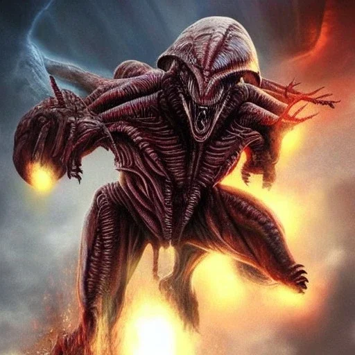 hybrid kaiju between alien xenomorph of ridley Scott and iron man