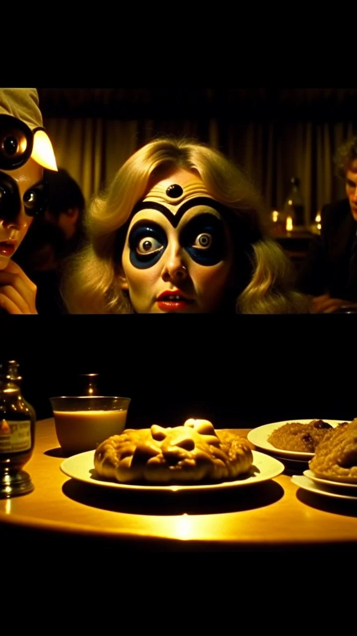 Spooky, ultra realistic distress, dining, ultra realistic hot woman, nose, giant eye on a table, organic hot bondes, dynamic, anguish, excited and lively scene, hypermaximalist figures, Creepy the Ring Alfred Hitchcock, Sam Raimi, insanely detailed, sinister, John Carpenter, Dario Argento, ornate