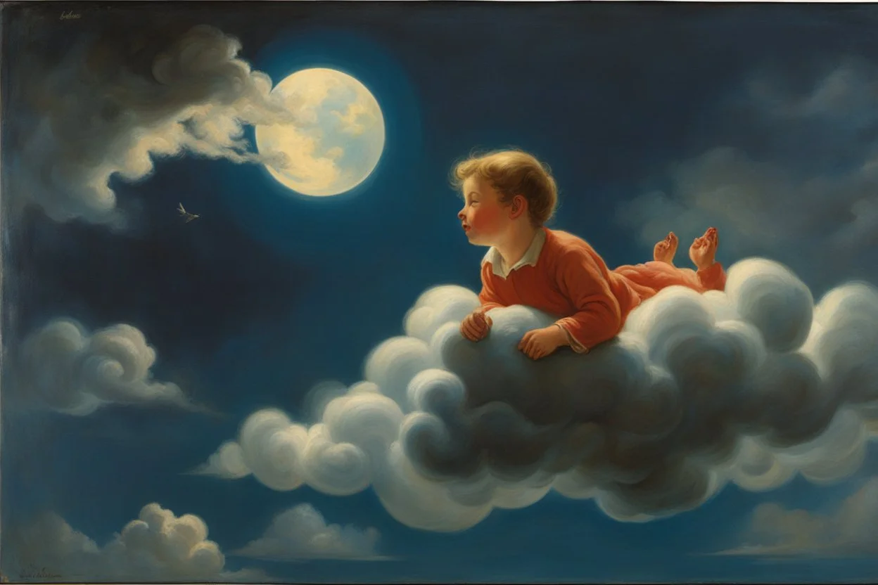 A child having a good dream floating on a cloud painted by Poul Anker Bech