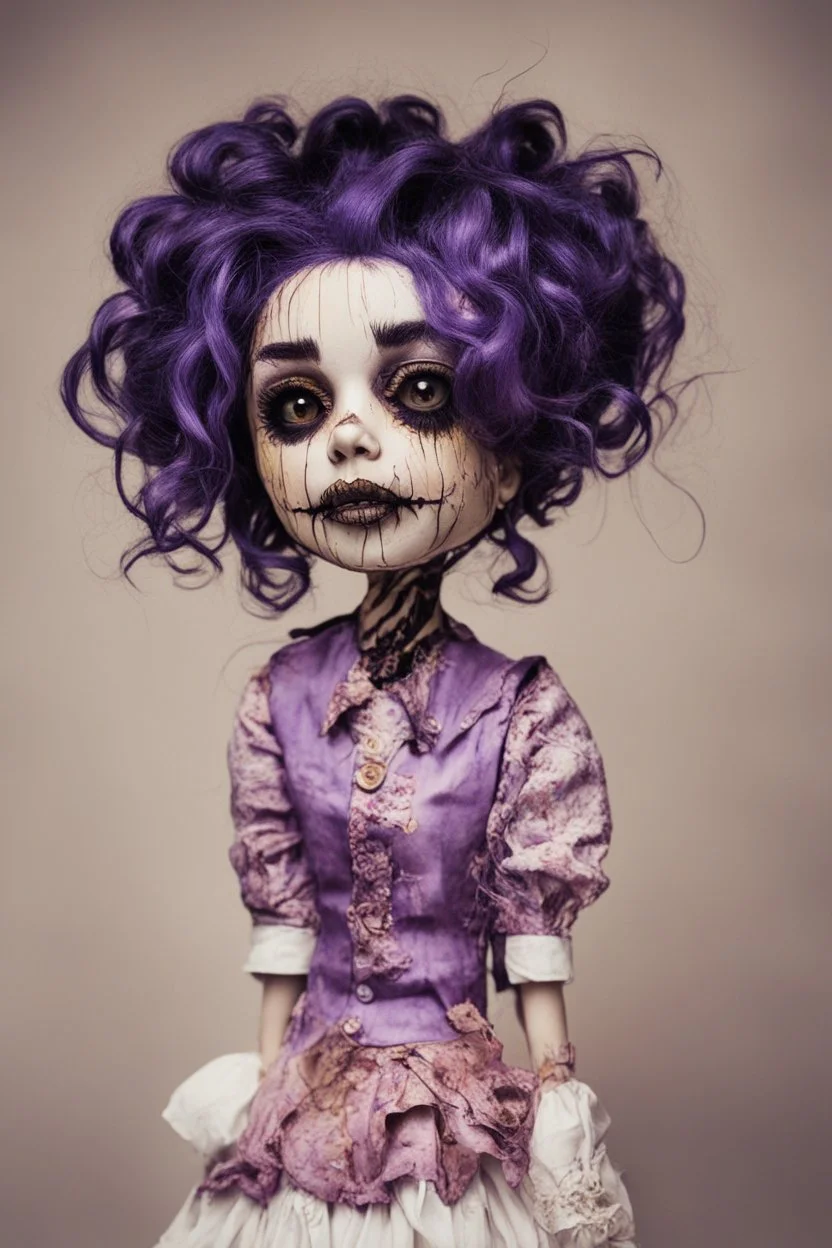 full color, illustration of a darkpurple and gold tones, menacing, Singer Melanie Martinez face, as a decayed, broken, crude homemade cloth doll toy, with a narrow cracked porcelain face, thick dark eyebrows, hair in two gradually, made from ragged strips of cloth, in the style of Alex Pardee, Tim Burton, and Nadya Sheremet