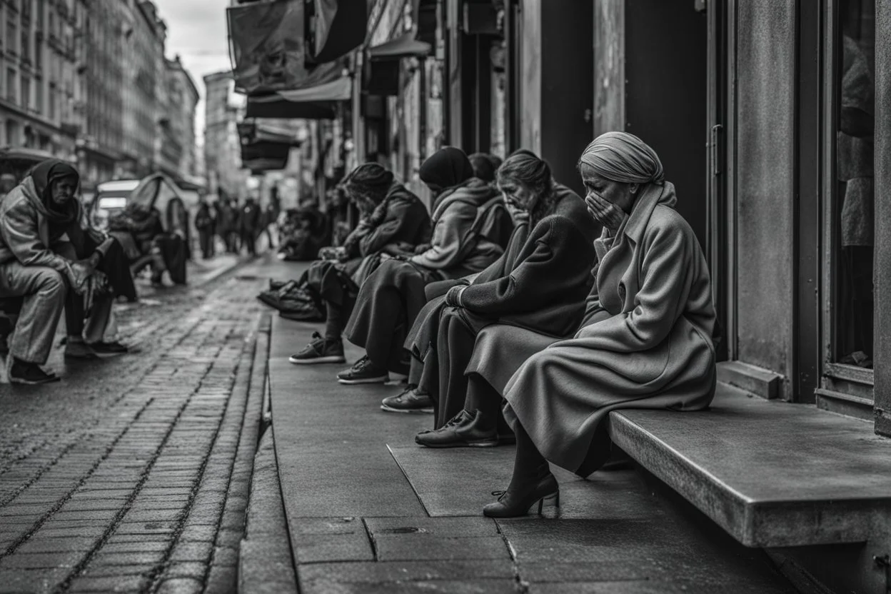 a woman sits with a sad face on the sidewalk on the street and cries, people pass by her, a gray crowd of passers-by comes and goes, human backs rush to work, no one looks at the crying woman, dark colors and shades of gray, depressing, sad, depressed moody picture, everything is grey