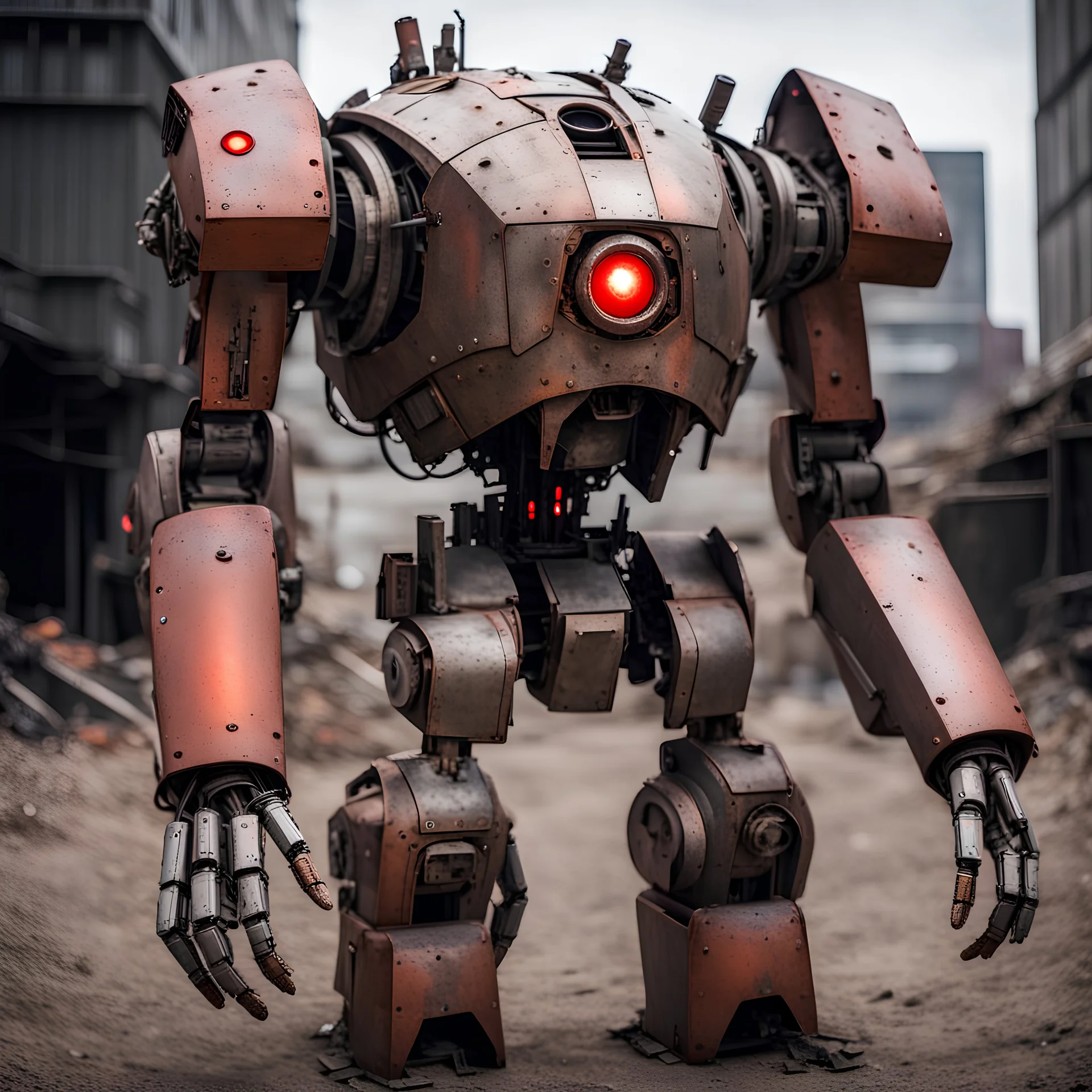 trash mech suit, human-sized, made of scrap metal, small, cockpit, light rust, round, one red glowing eye