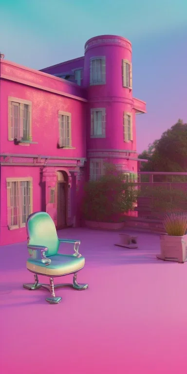 Snoop dogg, sitting. a chair. pink houses, pink sky, pink smoke, trees, outdoors. Groove street. 28mm