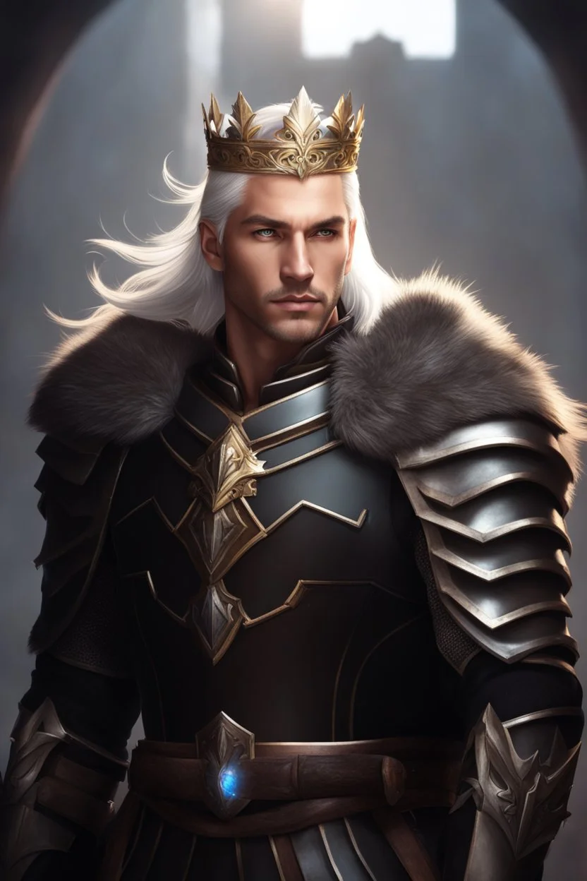 Male Tan Human, White Hair, Handsome Face, Wearing A Magical Crown, Black Heavy Armour, Dark colours theme, Dark Background, Paladin Greatsword Strapped to his Back