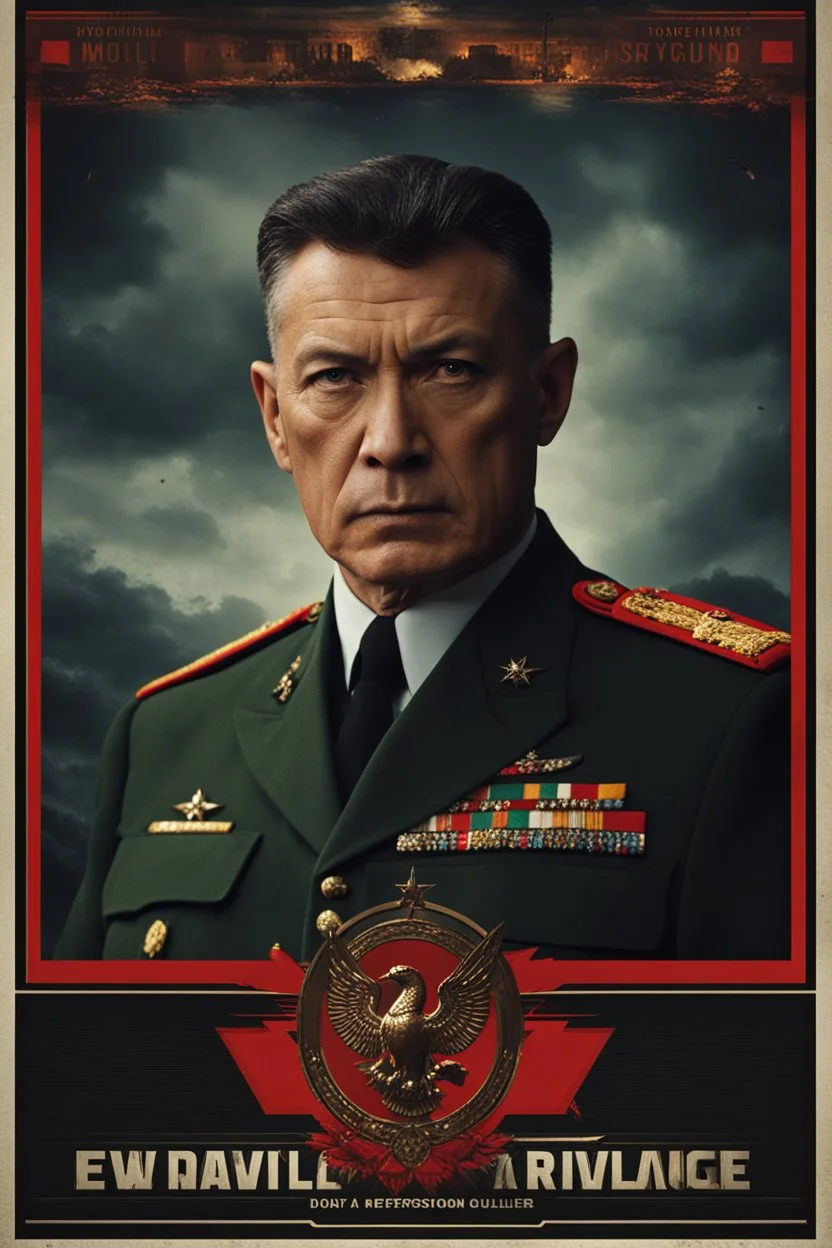 portrait of a 50 year old evil military leader. Cruel expression, dark crew cut hair,