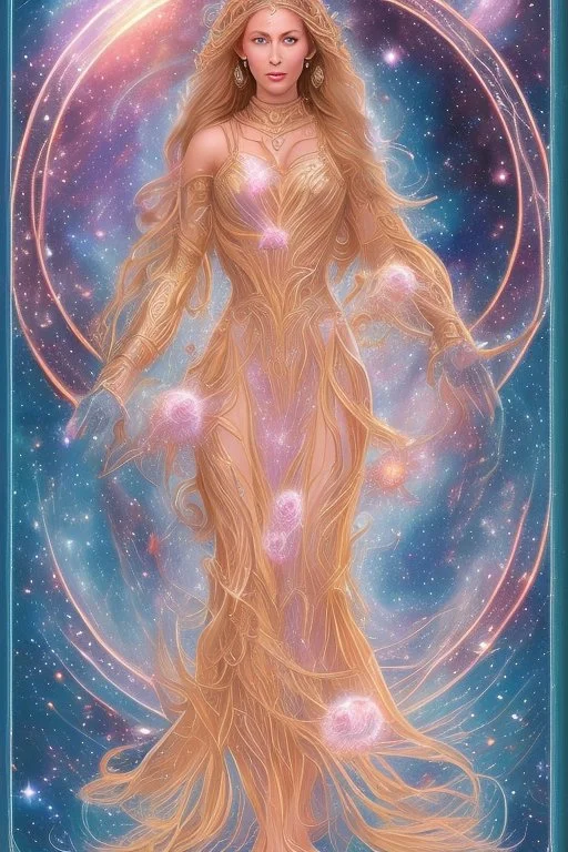 Create an image of a full body cosmic Goddess. The goddess should be depicted as a beautiful and powerful figure, surrounded by cosmic stars. Her hair should be long, blond and flowing, and she should be dressed in a flowing gown blue celestial robe. In the background, include imagery of pink flowers, blue sky,trees. The image should evoke a sense of joy, celebration, and spiritual connection to nature.