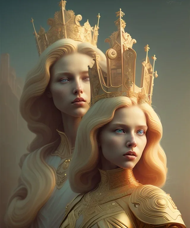 Statue of Queen of photography. Cute blonde woman. Photographer in golden crown. Standing on the street. Big camera in her hand. hyperdetailed, photorealistic, trending on artstation, greg rutkowski, beksinski, kodachrome