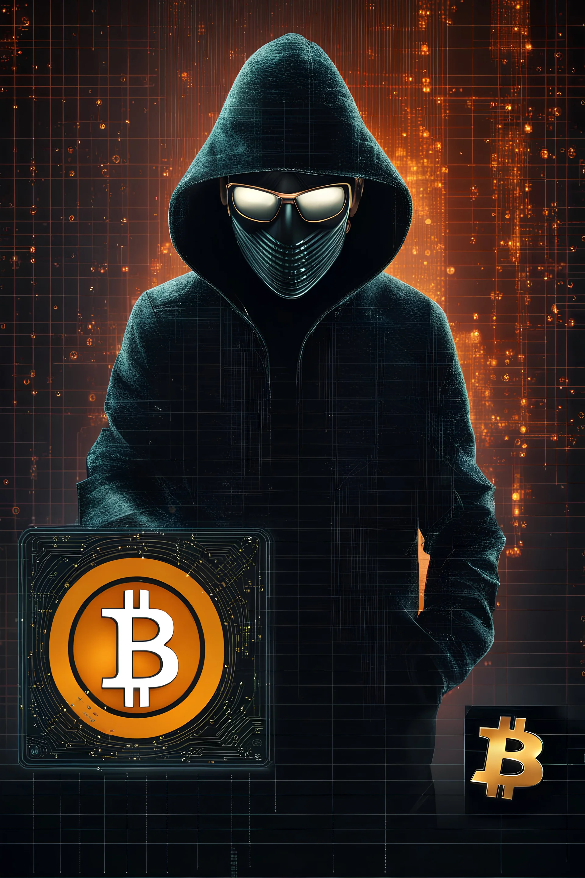 Bitcoin hacker matrix, photorealistic, soft colors,