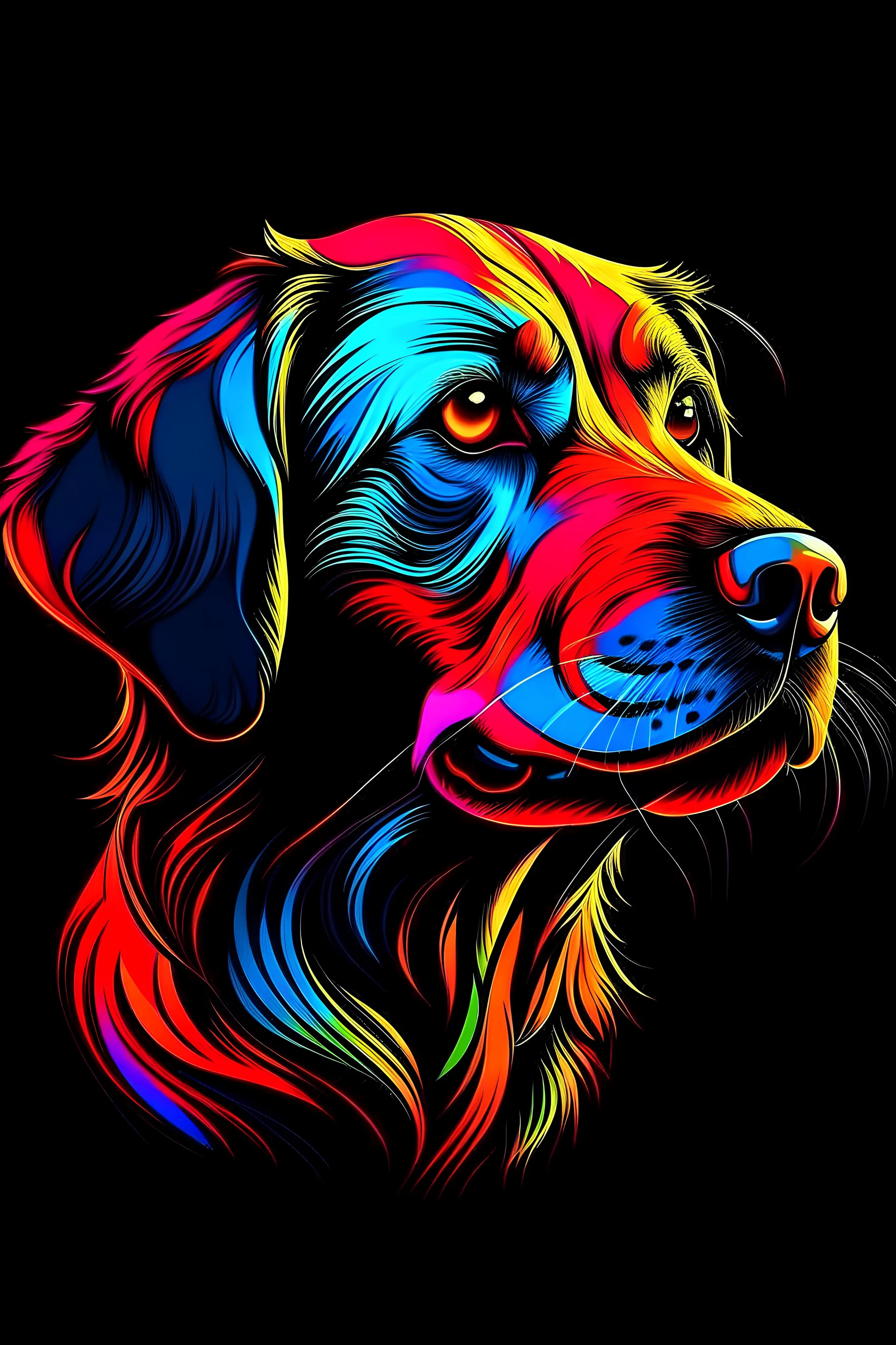 a cute dog, vivid colors, crisp line art , black background , aspect ratio = 2:3