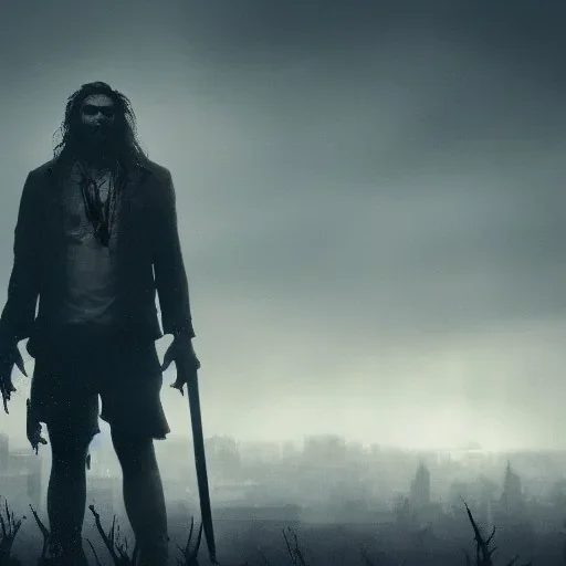 Zombie Jason momoa, dramatic light, cityscape, twilight, dystopian setting, high contrast, greg rutkowski, cinematic