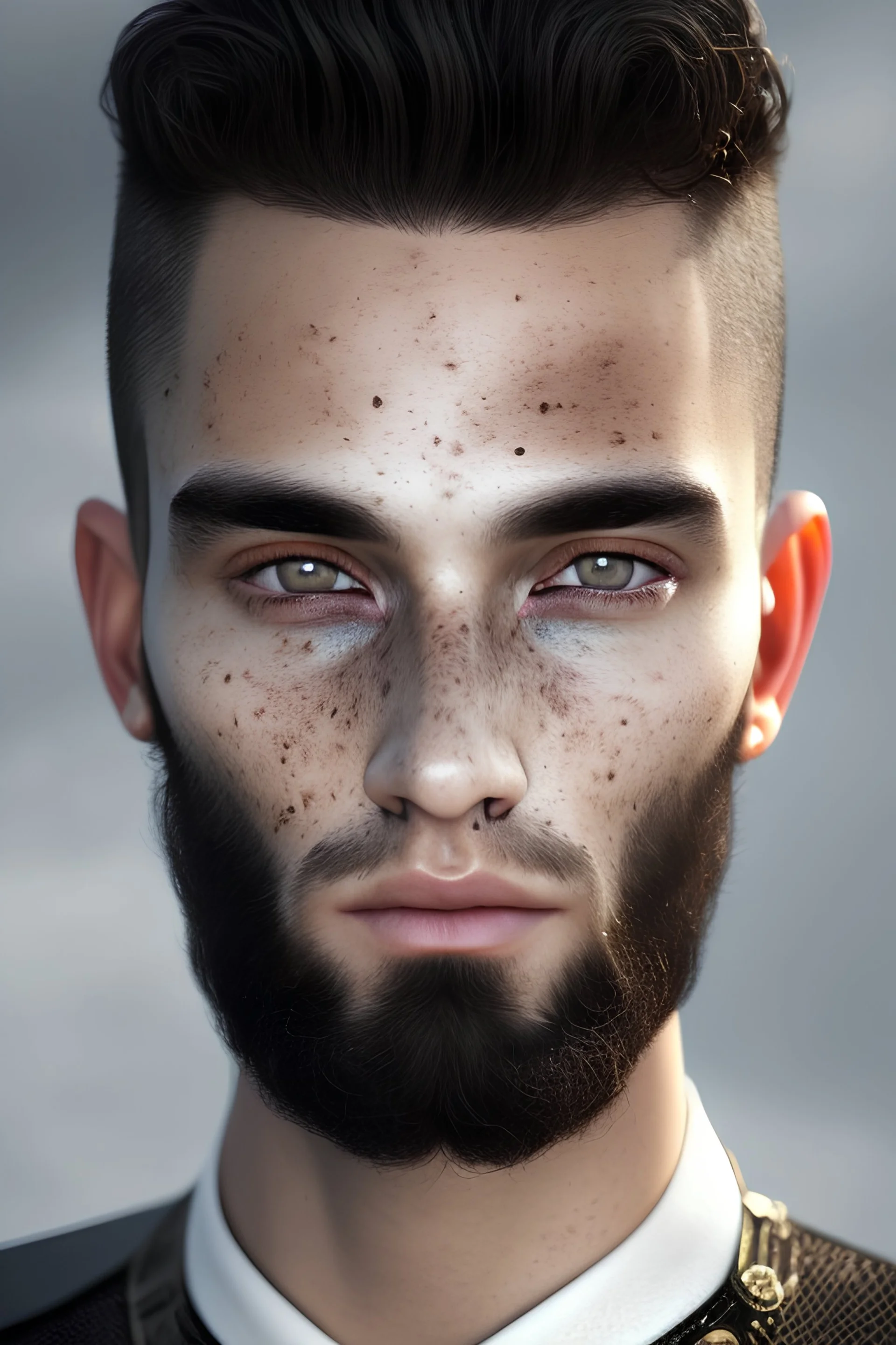 Torram Sperris - A slightly tall, male Human that has very short, fine, wavy black colored hair, with black eyes and pale shaded skin. He has some freckles on face. He scrunches his/her face up when listening. Character portait, 16k HD, photo-realistic, scifi-fantasy, intricate detailing, accent lighting.