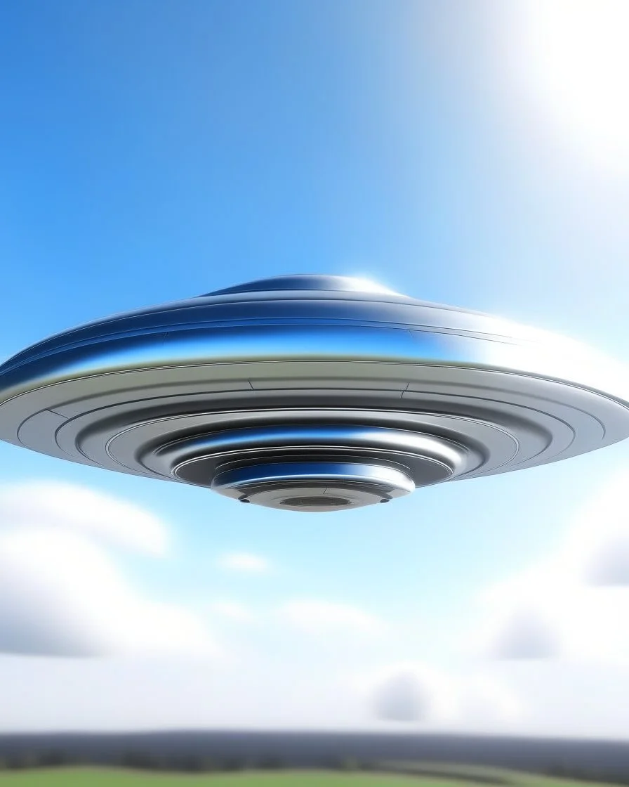 Design a futuristic, silver UFO hovering in a clear blue daytime sky, photorealism