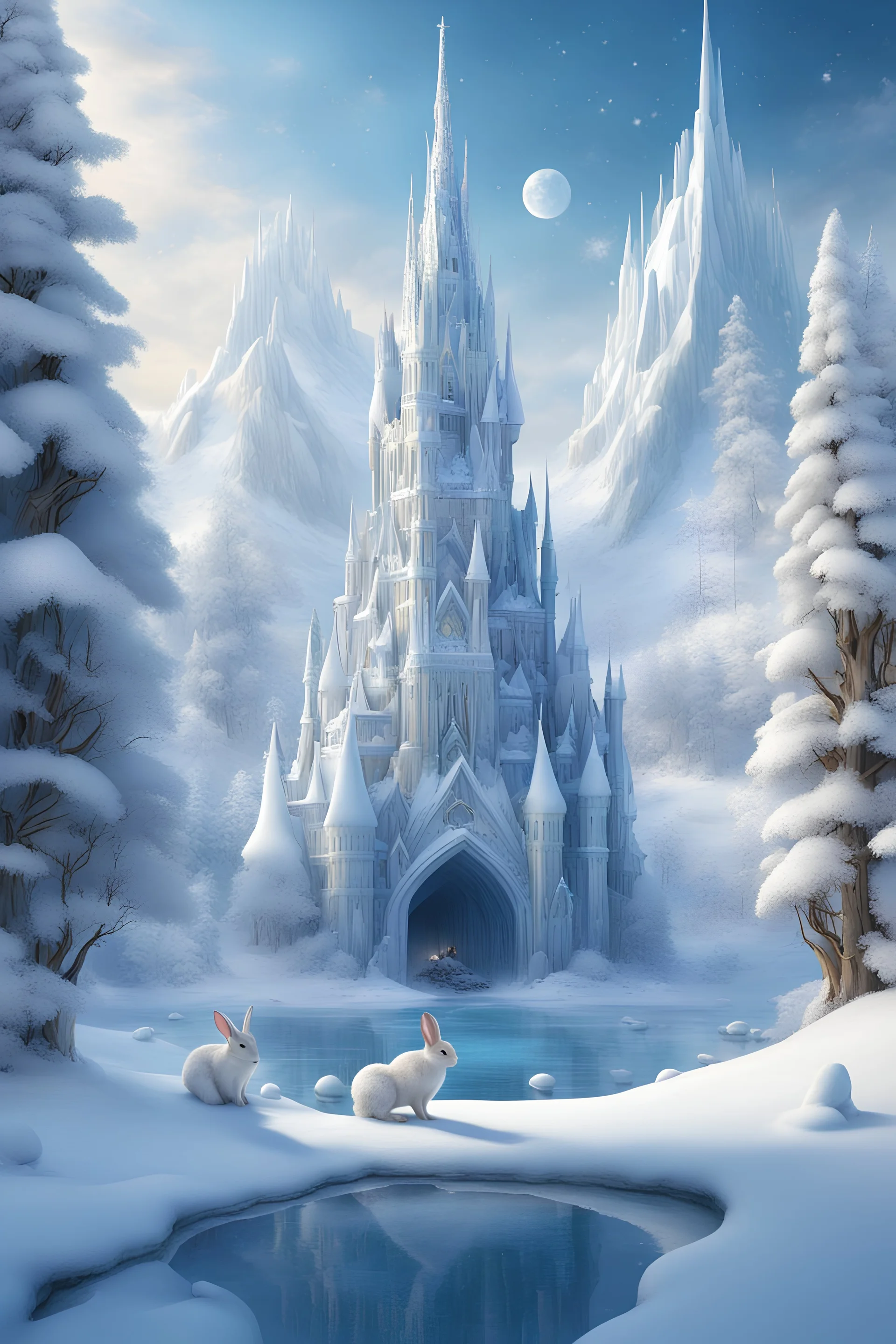 The thousand-year-old Snow Kingdom extends majestically before a rabbit. The little rabbit immediately recognizes the ice palaces, with their very high towers, suspension bridges and old, intertwining streets. His heart beats with joy: the frozen lake where he played with the other bunnies until a few months earlier still reflects the blue of the sky and the cries of the newborn snow come from the cave of the old Mist.