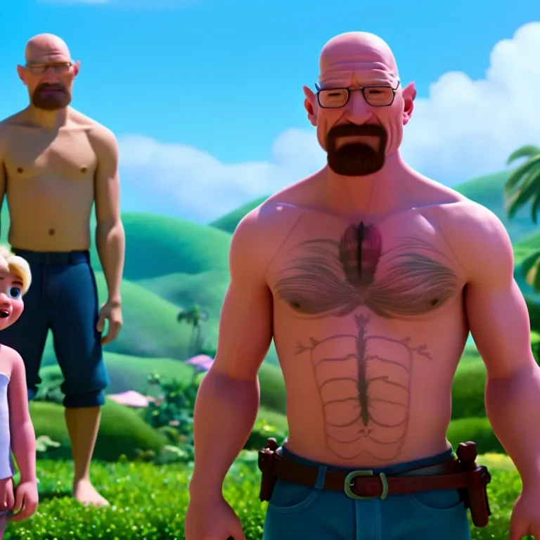 shirtless Walter White family , 8k, tropical background, unicorn tattoo,