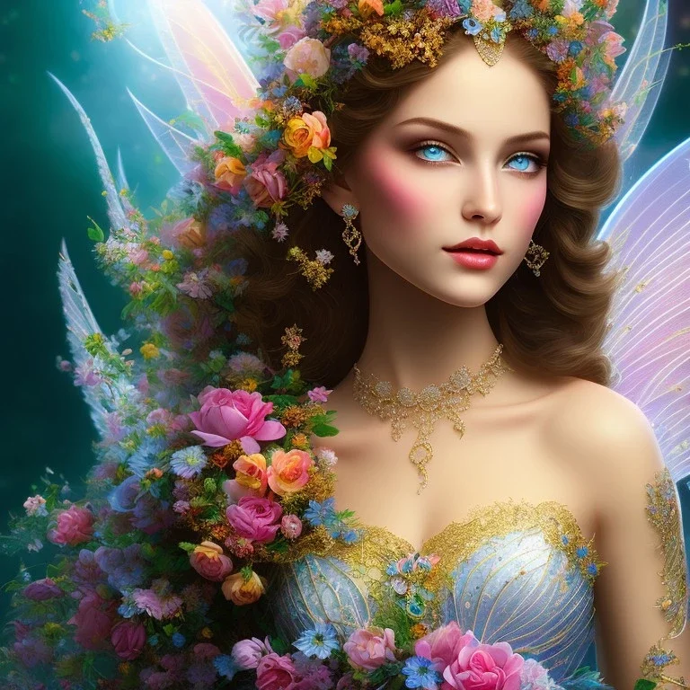 bright fairy, beautiful portrait, flowery landscape