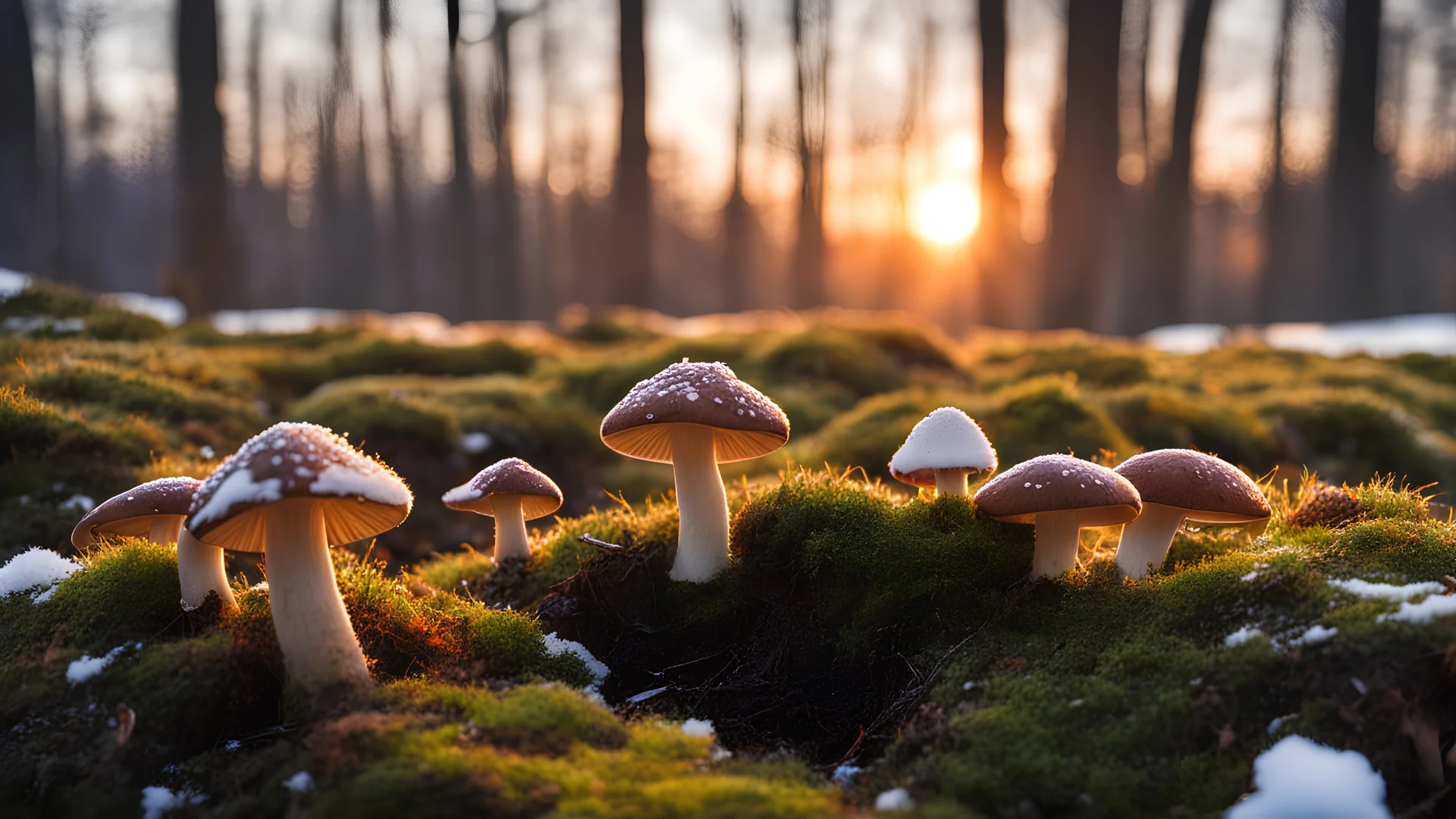 afternoon, sunset, winter, moss, mushrooms