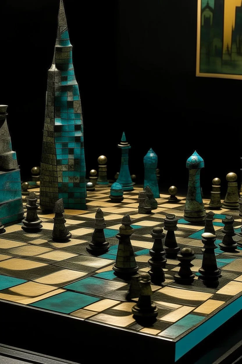 A dark grayish teal shadowy chess themed city at nighttime designed in in Javanese shadow puppets painted by Paul Klee