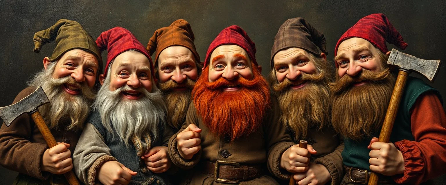 pin hole cam, master oil painting by Rembrandt, family portrait of smiling bad ass dwarves in fine clothes and with pickaxes laughing
