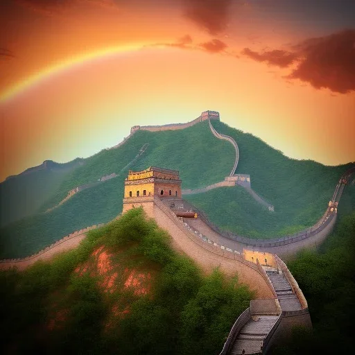 The Great Wall of China, sunset rainbow, waterfall