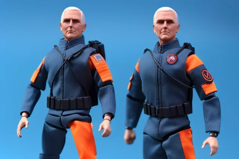 Box of Mike pence g.i. joe toy figure With a Laser gun space force Blue fabric uniform, fluorescent orange, whole body wide view, black boots full body