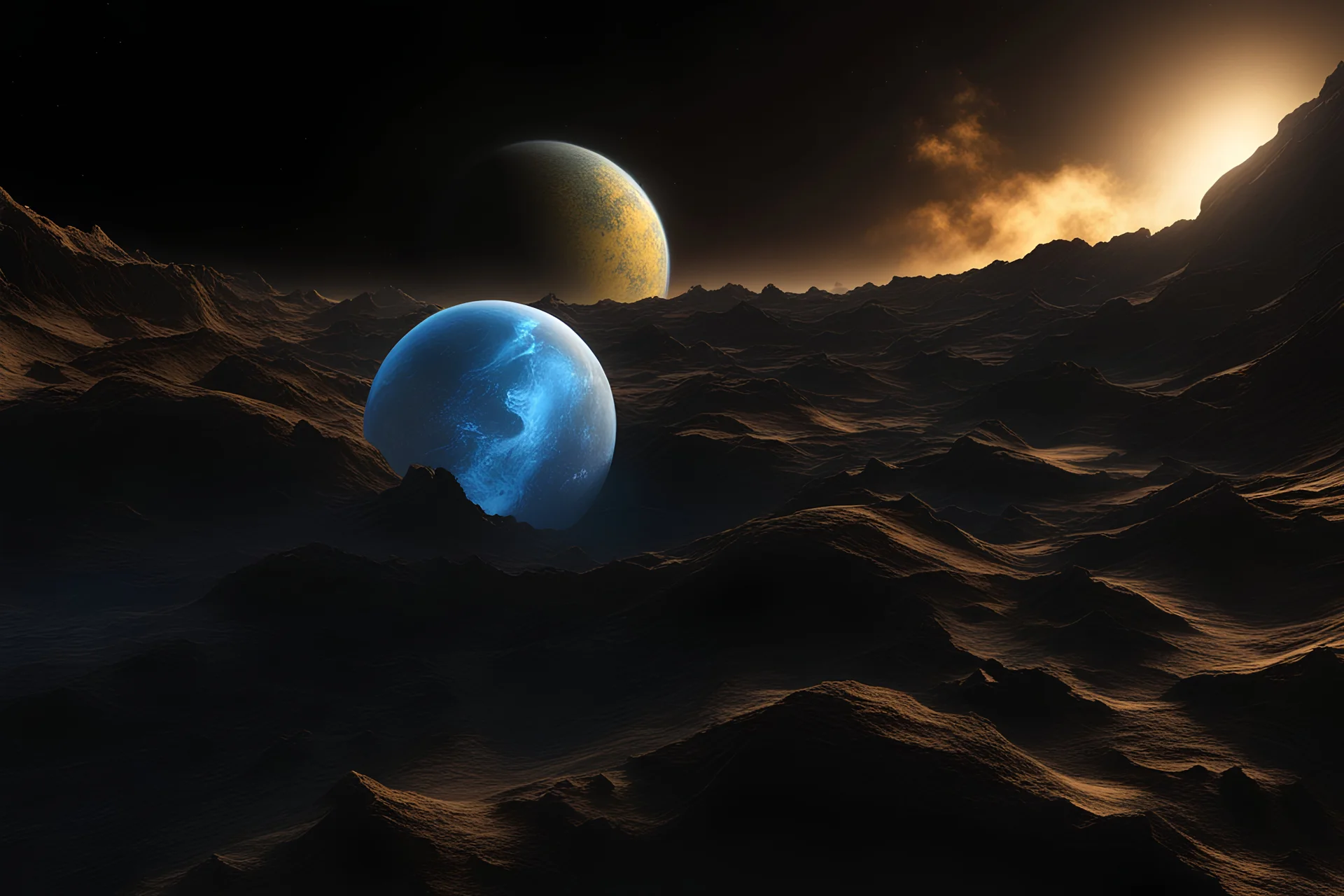 in space, a blue and yellow globe on a black background, a digital rendering, inspired by Lorentz Frölich, terraformed mars, round clouds, morrowind, rendered in arnold engine
