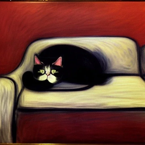 oil portrait of a Cat sleeping in a Black sofa by Monet 8k