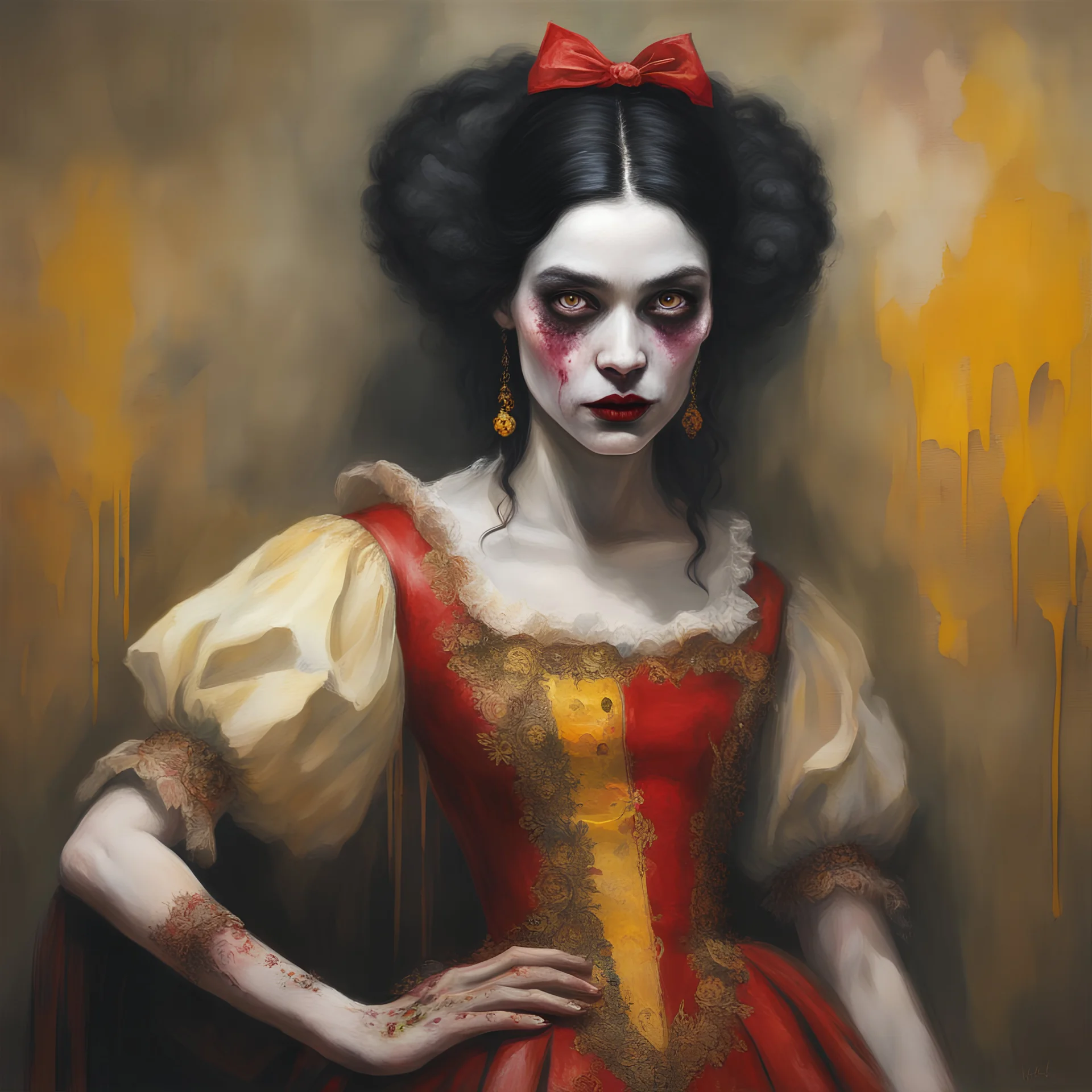 a Hideous, horrifying, frightening black-haired female Zombie Snow White, wearing a red leather sling suit with a gold/yellow bat emblem on the waist, dark, multicolored watercolor stained wall in the background, oil painting in the art style of Gilbert Stuart, 32k UHD, Hyper realistic, photorealistic, realistic, sharp, highly detailed, professional quality, beautiful, awesome, majestic, superb, trending on artstation