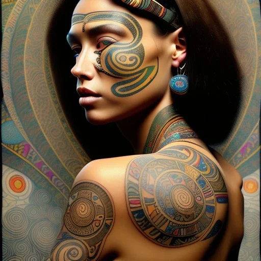 retrato de Mujer tribal maorí bella con tatuajes con estilo de Gustav Klimt