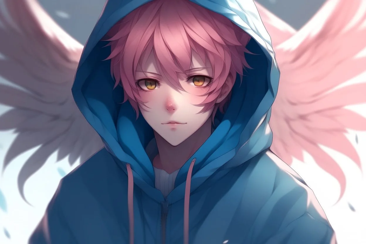 An anime man with messy short pink hair and narrow blue eyes wearing a hooded jacket. He has feathered wings. Realistic.