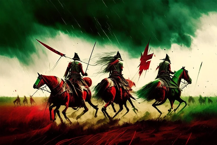 Hun Arrow Crossers on horseback, scorched earth, thunderstorm, red, white, green, sürrealism