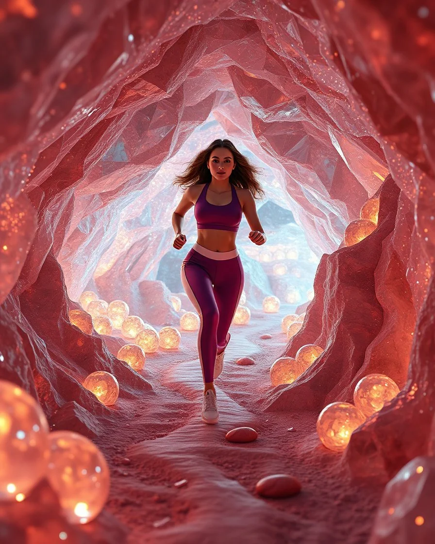 make a video pretty crystal cave covered with jewells and CIFI jewell lights and 3d recursive cubic and sphere base pearls and a beautiful fashion model lady with cute,curvy hair,makeup, in pretty sports suit is running inside cave ,dynamic camera fallow her inside cave capturing full body, dynamic lights.