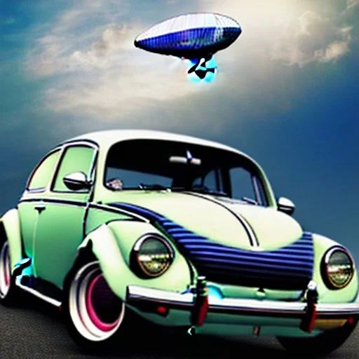 blimp vw-beetle hybrid, retrofuturistic, phototrealism, in flight, one subject,