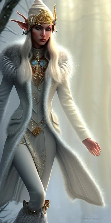 Cute female elven adventurer with ultradetailed SMALL elven ears out of her hairs dressed in a warm overcoat with boots on the floor, in style of Cedric Peyravernay Art, microdetails --ar 2:3 --beta --upbeta --upbeta