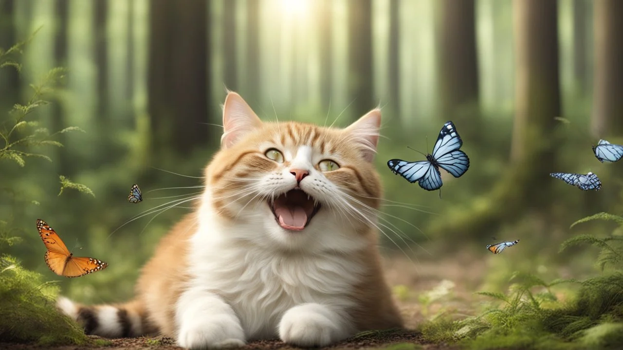 laughing cat in the forest playing with butterfly