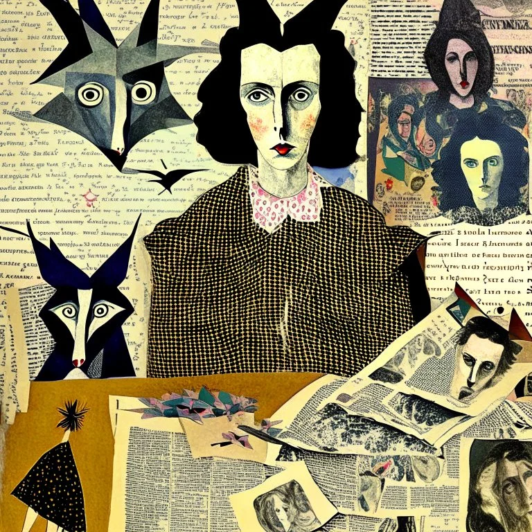 paper collage of a surreal portrait, newspaper pages and wallpaper, background patterned wallpaper, by artist "Leonora Carrington"