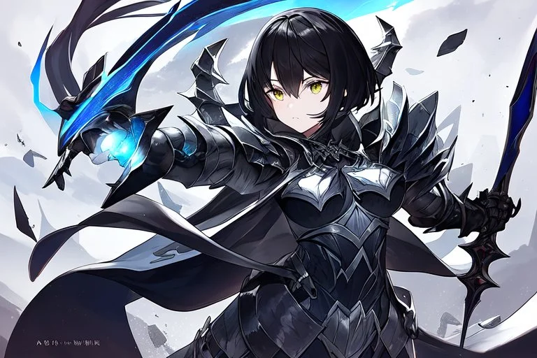 Anime girl with short black hair and sharp green eyes holding a spear. Black and white metal armour