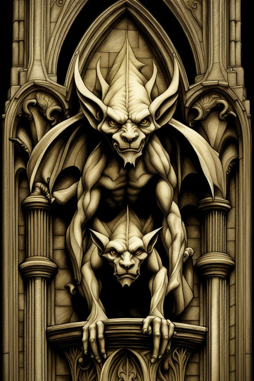 Gargoyles Promt: Art Nouveau Gothic Hyper realistic intricate oil paint detailed pencil sketched Notre Dame gargoyles in the style of Escher, a resin painter