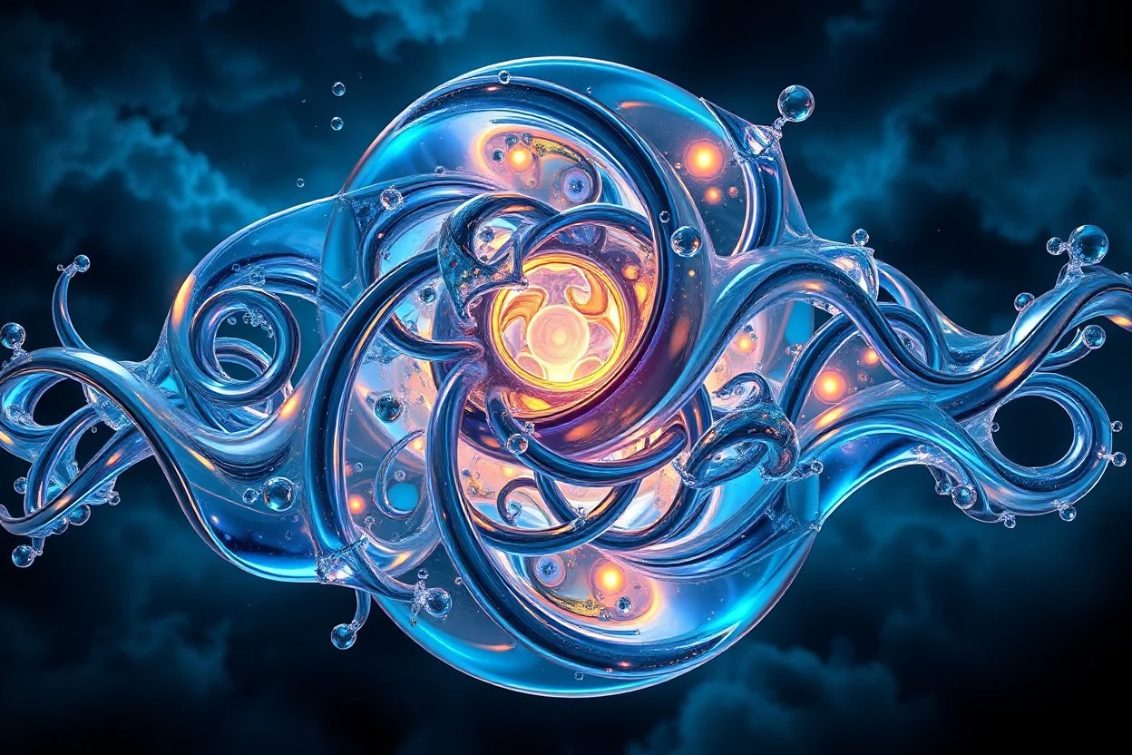 Dynamic complex hypnotic fractal 3D structures horizontal Symmetry twisting and morphing between organic and geometric forms , smooth translucent iridescent glass with inner glow and bubbles, varied transparent materials, stormy skies, intense dramatic