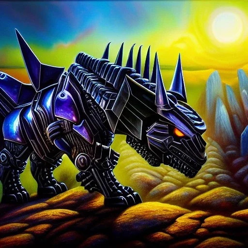 ultra detailed fullbody Portrait in oil on canvas of RAVAGE decepticons ,extremely detailed digital painting, extremely detailed face,crystal clear Big Glowing eyes, mystical colors , perfectly centered image, perfect composition, rim light, beautiful lighting, 8k, stunning scene,extremely sharp detail, finely tuned detail, ultra high definition raytracing, in the style of robert e howard and pablo oliveira and Ken Kelley and Ohrai Noriyoshi and Simon Bisley and tom