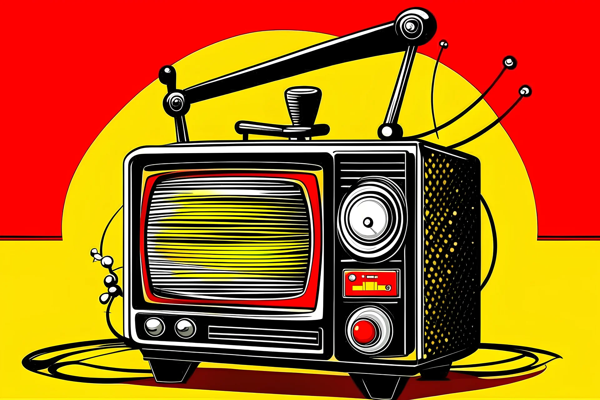 cartoon-looking black and red vintage radio with an antenna sticking out from the top of it. yellow dominates the entire background of the photo.