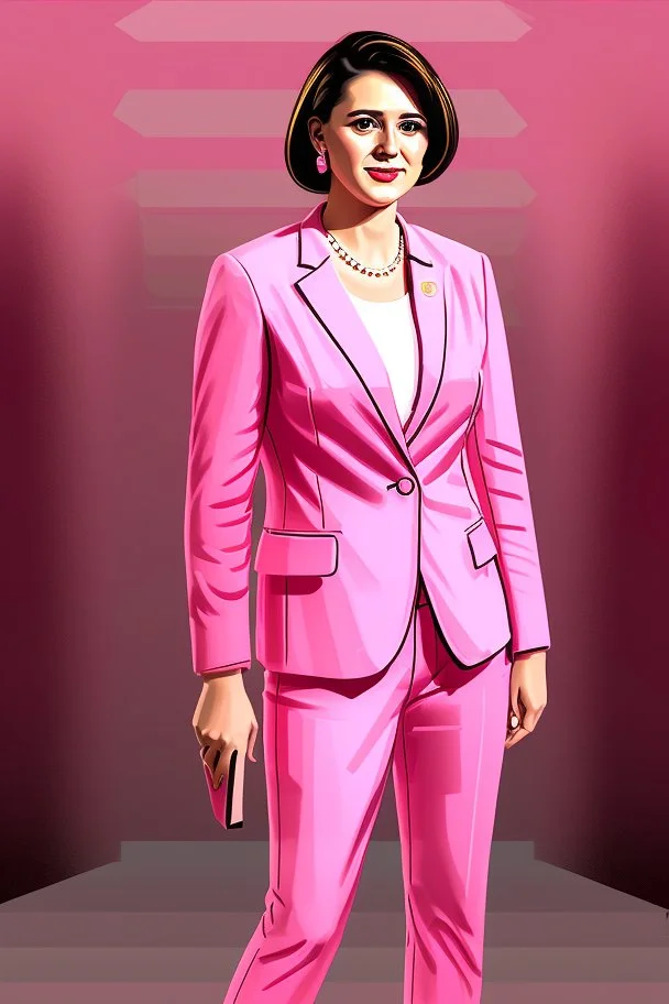 Extremely rich young female politician portrait in all pink outfit