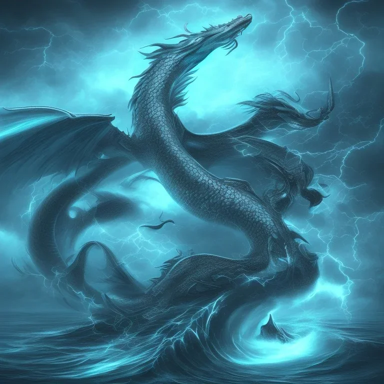 blue ocean waves storm lightning dragon wings cyclone tornado clouds dark glorious rain turquoise