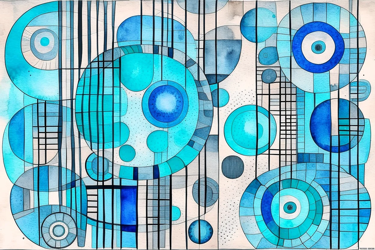 abstract watercolour , ink transfer lines, bifurcated circles, Paul Klee ,grey and blues