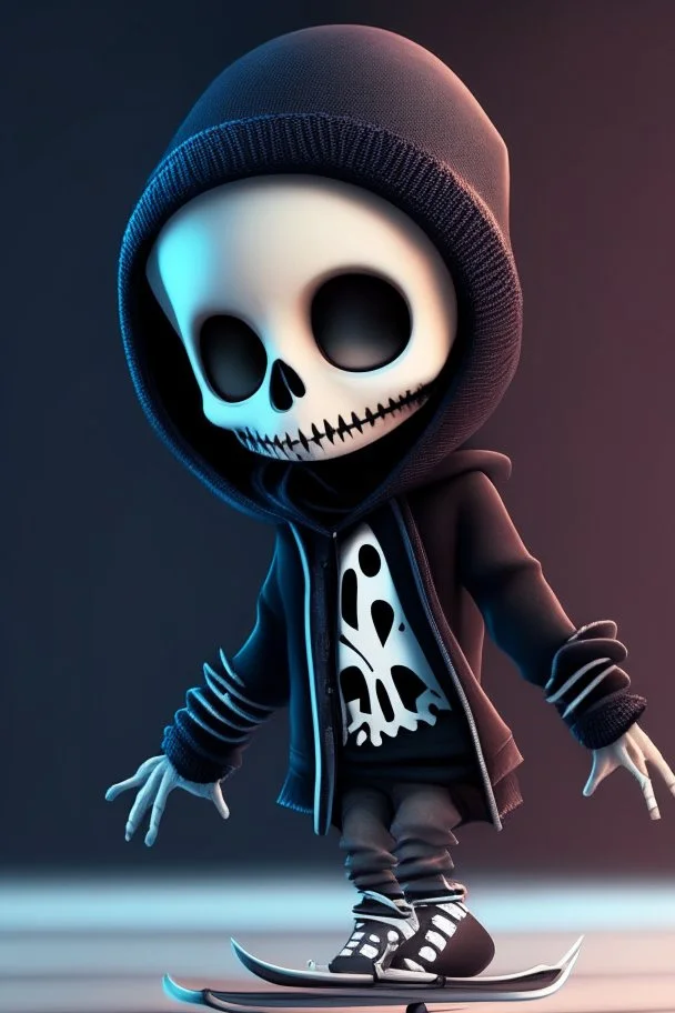 a cute animation boy, skateboarding , trendy hoody, 8 k, tim Burton skeleton style from the movie "night before Xmas", realistic animation, gothic