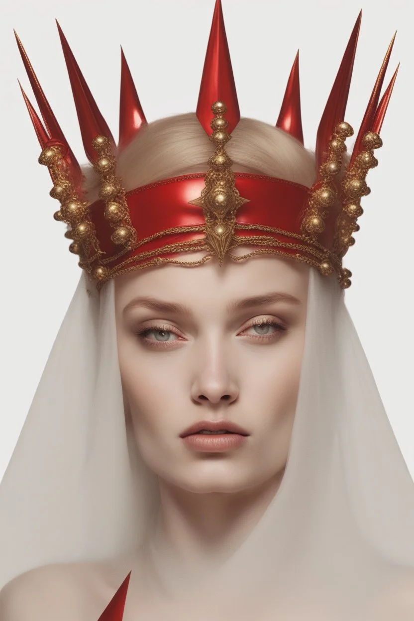 lady in red veils her face and has a large golden spiked crown, in the style of celestial fasion, otherworldly beauty, davide sorrenti, celestialpunk, album covers, fra angelico, aykut aydogdu, queencore, golden age aesthetics --s 750 --v 6. 0 --ar 10:13