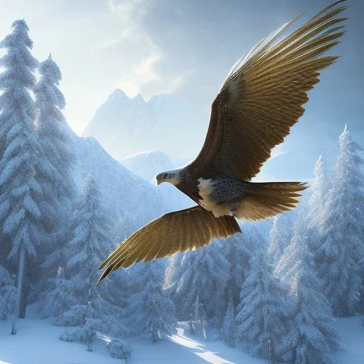 portrait of a bird of prey, feathers, extremely sharp detail, finely tuned detail, ultra high definition, 8k resolution, dynamic lighting, unreal engine 5, ultra sharp focus, mountains, winter landscape, background trees